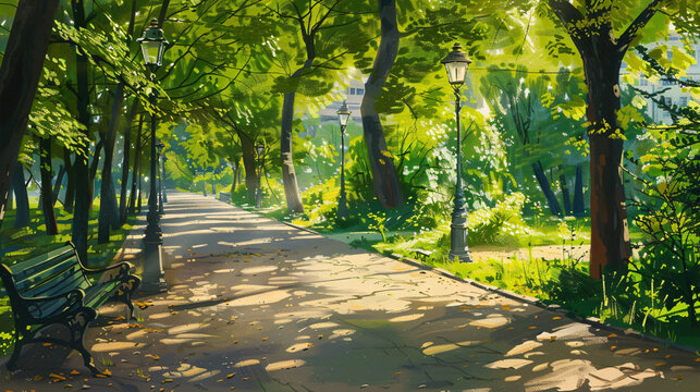 Walkway in green park with sunlight illustration paint