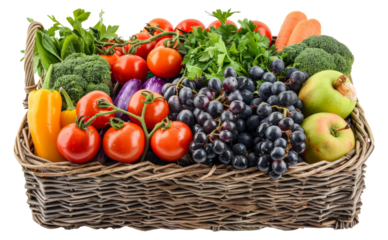 Wicker basket brimming with colorful vegetables and fruits, cut out - stock png.