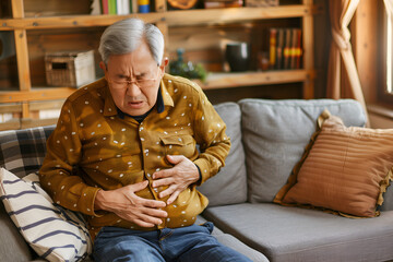 Asian senior man suffering from abdominal pain.