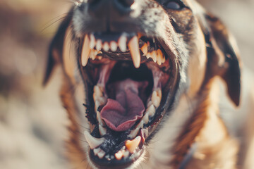 Closeup of mouth of aggressive dog barking. Rabies virus infection concept. - obrazy, fototapety, plakaty