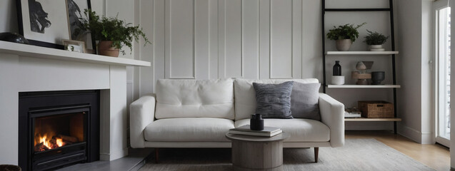 Fototapeta na wymiar White Corner Sofa Placed Adjacent to a Fireplace, Reflecting Scandinavian Design Elements in a Modern Living Room.