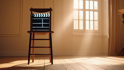 film director’s chair with a clapperboard on the seat, placed in a room with natural sunlight streaming in, sunlit room with the glow of morning light casting soft shadows on the wooden floor. - obrazy, fototapety, plakaty