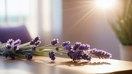 A bundle of lavender in a room with the sunlight streaming through the window, creating a warm,...