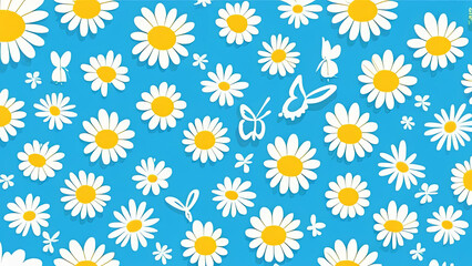 A cheerful pattern with white daisies on a bright blue background, interspersed with playful butterflies.