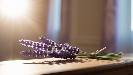 A bundle of lavender in a sunlit room evokes a sense of calm and relaxation, with a warm glow...