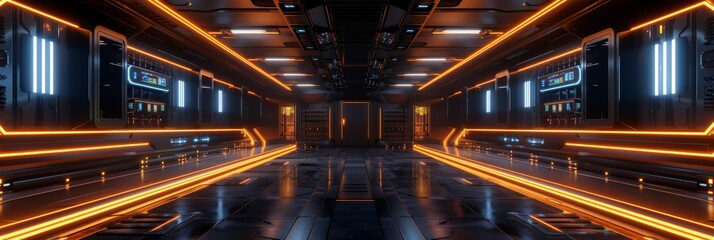 Fototapeta na wymiar Empty cyber hall with glowing orange neon lights and dark, futuristic architecture