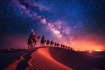 people riding camels in the desert, camel in the desert, sunset over the desert - obrazy, fototapety, plakaty