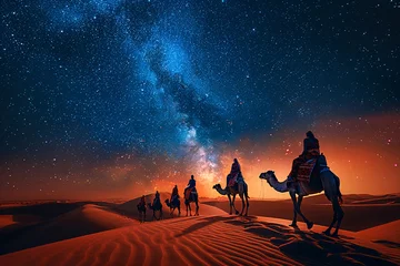 Rolgordijnen people riding camels in the desert, camel in the desert, sunset over the desert © fadi