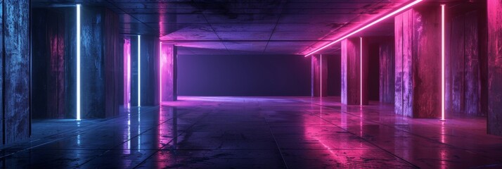 Empty geometric room with glowing neon lines and a dark, stylish atmosphere - obrazy, fototapety, plakaty