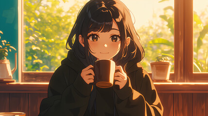 Beautiful anime girl character in cafe drinking coffee