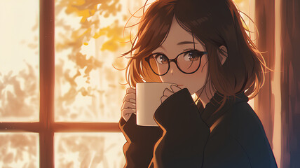 Beautiful anime girl character wearing glasses in a cafe drinking coffee - obrazy, fototapety, plakaty