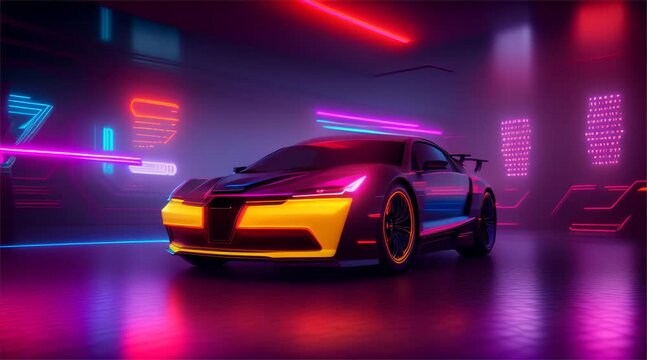 Sports car in a room with decorated neon lights
