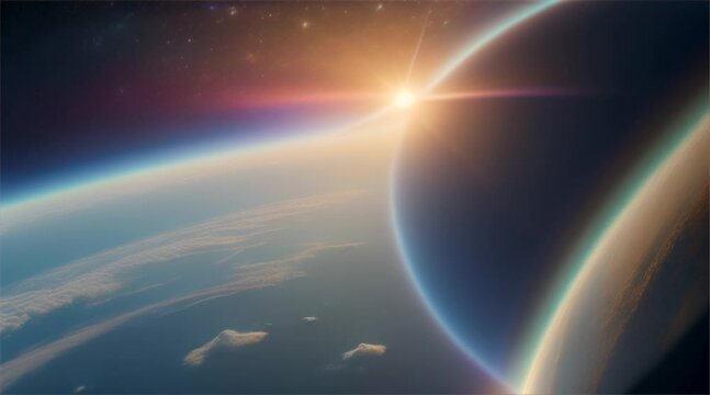 Three-dimensional render of planet Earth floating in outer space. Earth with sunrise in space