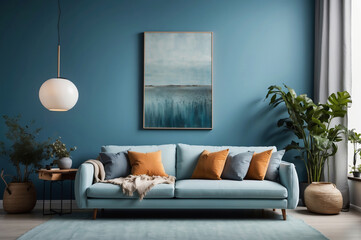 Stilvolles Wohnzimmer in Blautönen mit moderner Kunst und skandinavischem Design - obrazy, fototapety, plakaty