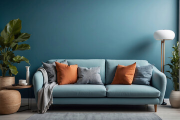 Elegantes Wohnzimmer im skandinavischen Stil mit blauem Sofa und natürlicher Dekoration - obrazy, fototapety, plakaty