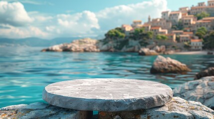 Naklejka premium Coastal Stone Podium Mockup, Front View Product Display Overlooking Mediterranean Seascape