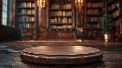 Fototapeta premium Classic Library Podium Mockup, Wooden Display Product Stand Front View