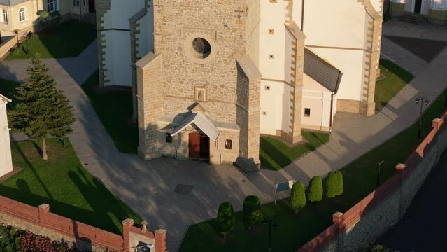 Beautiful Church Downtown Lesko Mountains Aerial View Poland