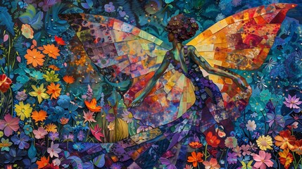 In a lush garden teeming with life, a large and stunningly beautiful fairy with iridescent wings sits gracefully amidst a riot of colorful flowers.

