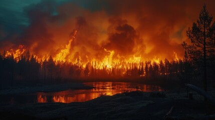 Intense Wildfire Engulfing a Forest at Dusk