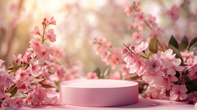 Sakura Bloom Podium Mockup, Product Display Front View with Delicate Pink Flowers