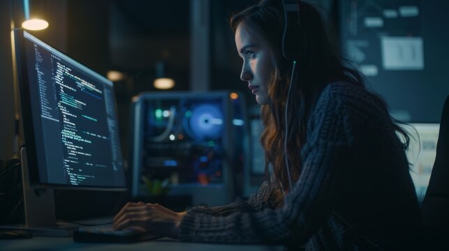 Female Programmer Coding Late at Night, Technology Work