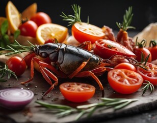 Healthy sea food photography with juicy vegetables 
