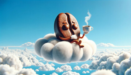 The coffee bean is sitting on a large, fluffy white cloud, high above the earth, relaxed and content. In its hand, it holds a small, steaming cup of coffee - Generative AI