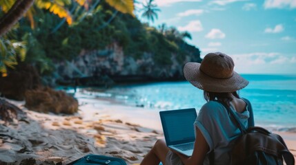 Woman Working Remotely on Tropical Beach, Workation