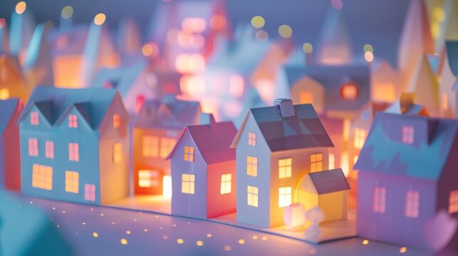 Colorful Paper Origami Town at Twilight