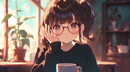 Beautiful anime girl character wearing glasses in a cafe drinking coffee