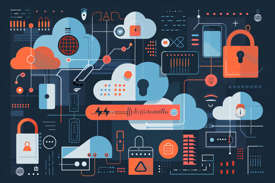 A complex illustration of cloud computing and cybersecurity concepts with various icons like locks, clouds, and devices interconnected.