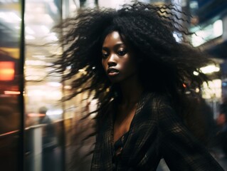 street photo of a young black woman, she has long black hair, double exposure and image blur, retro
