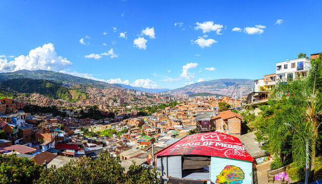 medellin, colombia. 20th august, 2022: colorful streets of comuna 13 district in medellin, colombia	