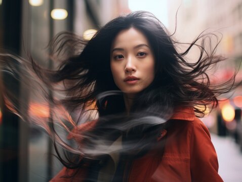 street photo of a young Chinese Asian woman, she has long black hair, double exposure and image blur, retro