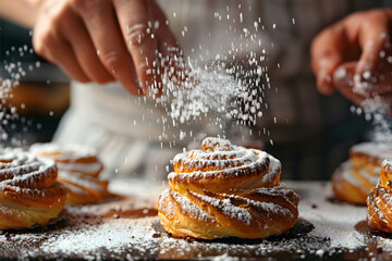 a person's hands sprinkling powdered sugar or cocoa powder over freshly baked pastries or desserts