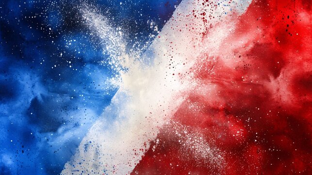 Vibrant French flag bursts with blue, white, and red holi powder on a white backdrop; symbolizing France, Europe, and festivities like soccer and tourism.