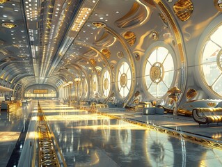 futuristic  airport interior without people with golden details, fairytale style, view from windows, 19th century french academy. concept future, planets, futurism gold