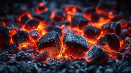 Rolgordijnen Smoldering wood embers in a fiery home fireplace. © ckybe