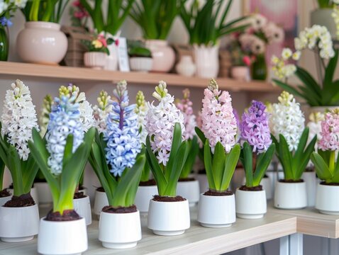 spring flowers in pots on sale in a flower shop. colorful hyacinths. spring concept, floral, shelves with flowers, holiday, gift, date