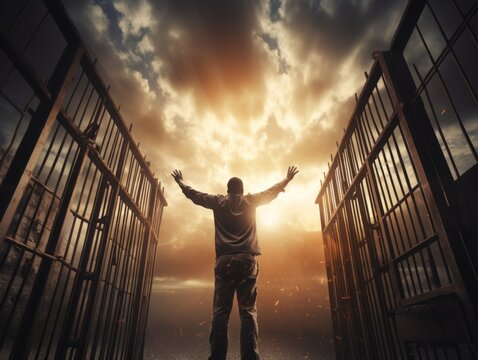 The happy prisoner is released from prison and he greets freedom with his open gates sun  and raised hands. cinnamon dark tones outside the gates