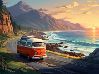 an orange camper is carrying a family on the road to the sea on a summer vacation on a sunny day. concept tourism, travel - obrazy, fototapety, plakaty