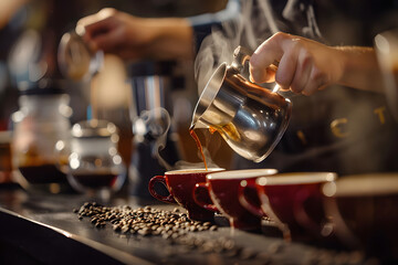 a person's hands brewing and pouring a perfect cup of artisanal coffee or tea using specialty brewing methods and equipment