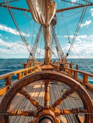 View from the helm to the deck from behind the vertical wheel of a ship on an old pirate sailboat on the high seas on a sunny day. concept sea, ships, vintage, cinematic, helm
