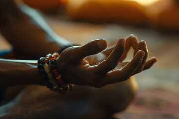 a yoga practitioner's hands forming mudras (hand gestures) during a meditation session - obrazy, fototapety, plakaty