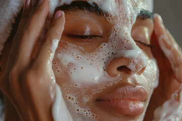 a skincare enthusiast's hands applying a facial mask or serum to target specific skin concerns such as hydration, acne, or aging