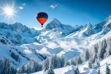 Snow-covered mountains, with a holiday-themed air balloon drifting above