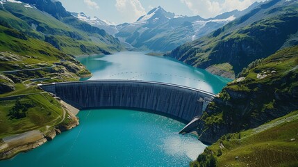 A sustainable hydroelectricity source in the Swiss Alps using a dam and lake to reduce carbon emissions and combat climate change, seen from above during summer. - obrazy, fototapety, plakaty