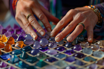 a person's hands arranging crystals or gemstones in a sacred geometric grid for intention setting and manifestation