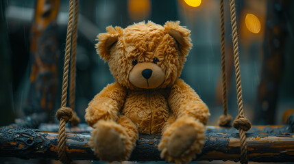 teddy bear sitting on a swing. concept of loneliness - obrazy, fototapety, plakaty